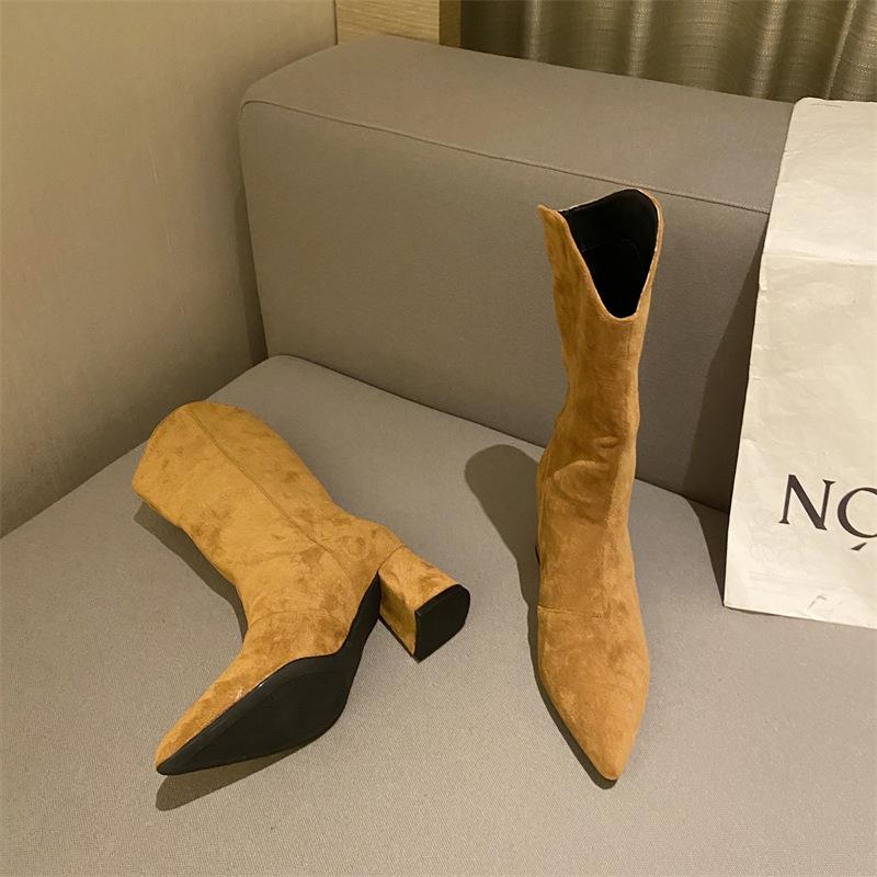 Chunky Heeled Pointed Toe Mid-calf Boots Newgew