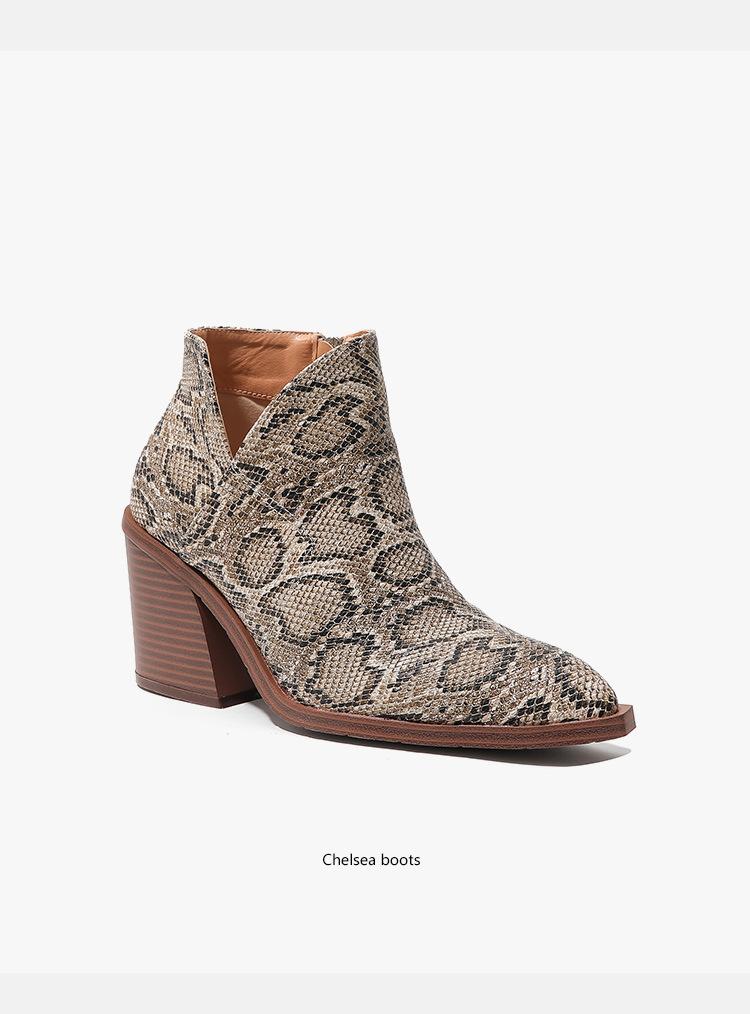 Thick Heeled Pointed Toe Snake Print Leather Boots Newgew