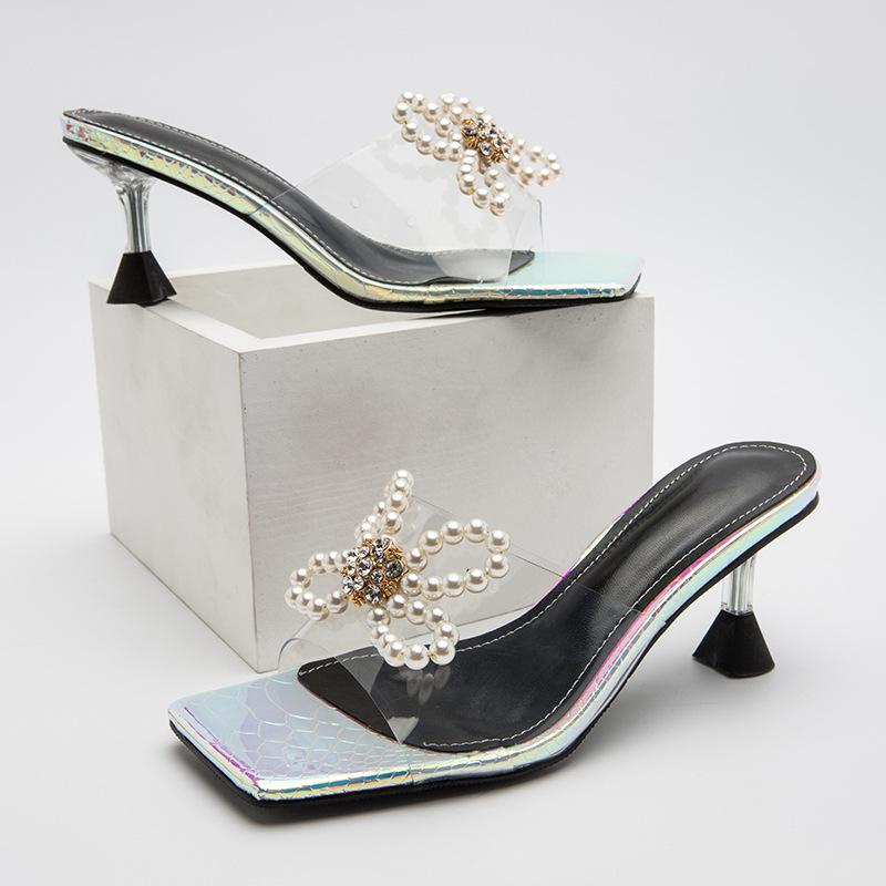 Faux Pearl Decor Heeled Sandals Newgew