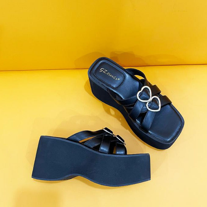 Slope Heel Thick Soled Love Decorative Buckle Sandals Newgew