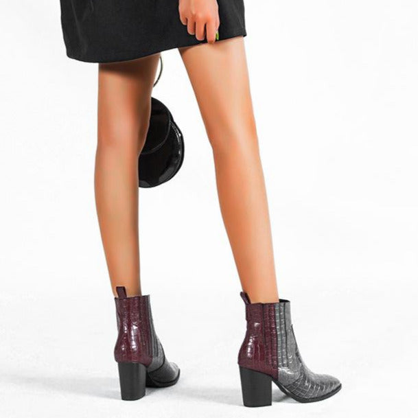 Chunky High Heel Color Blocking Snake Print Boots Newgew