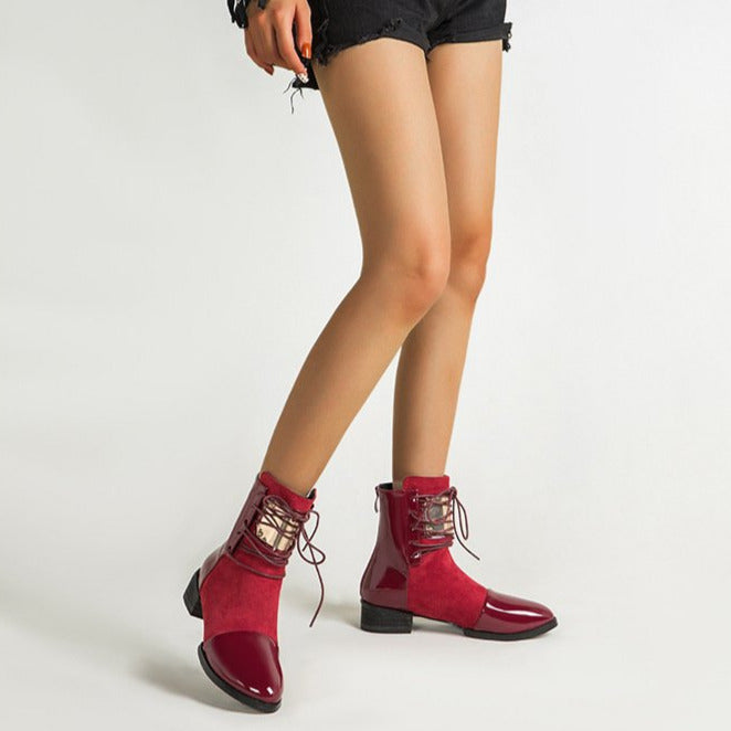 Lace-up Round Toe Low Heeled Back Zipper Boots Newgew