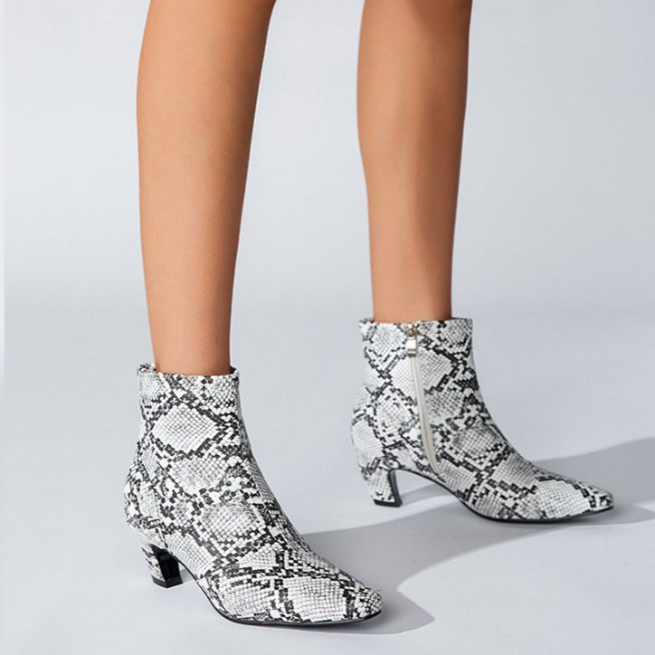 Pointed Toe Chunky Heel Snake Print Low Boots Newgew