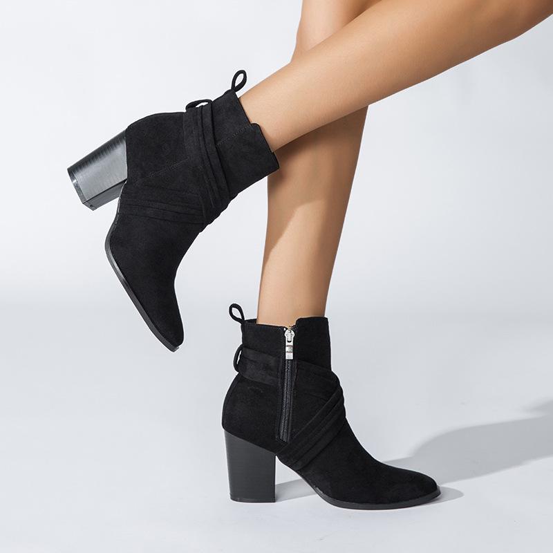 Suede Thick Heeled Side Zipper Boots Newgew