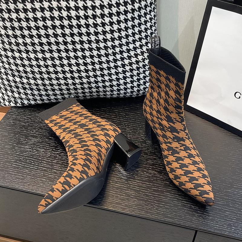 Fly-knit Pointed Toe Chunky Heel Sock Boots Newgew