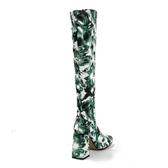 Square Toe Printed Fabric Chunky Heeled  Boots Newgew