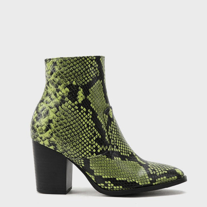 Snake Print Pattern Side Zipper Thick Heeled Boots Newgew