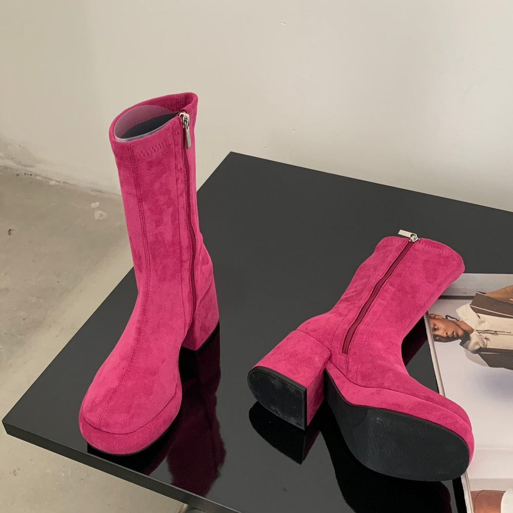 Faux Suede Pointed Toe Mid Calf Chunky Booties Newgew