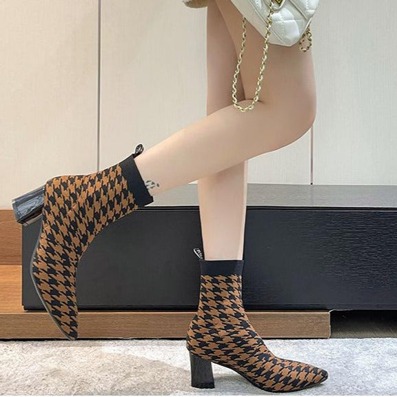 Fly-knit Pointed Toe Chunky Heel Sock Boots Newgew