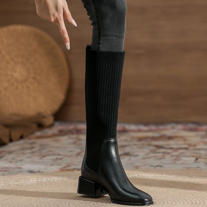 Square Toe chunky heeled long sock boots Newgew