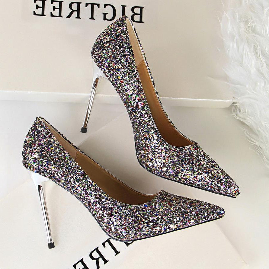 Sequin Decor Point Toe Stiletto Heeled Court Pumps Newgew