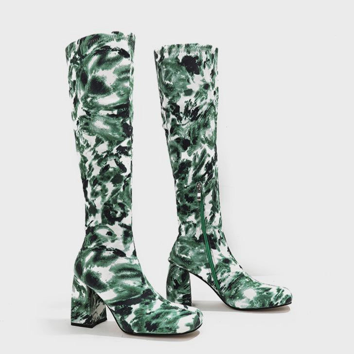 Square Toe Printed Fabric Chunky Heeled  Boots Newgew