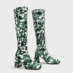 Square Toe Printed Fabric Chunky Heeled  Boots Newgew