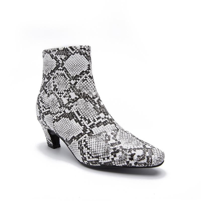 Pointed Toe Chunky Heel Snake Print Low Boots Newgew