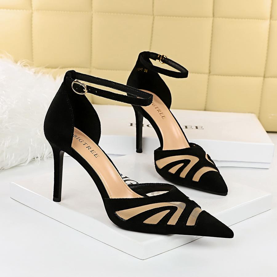 Mesh Panel Point Toe  Heeled Ankle Strap Pumps Newgew