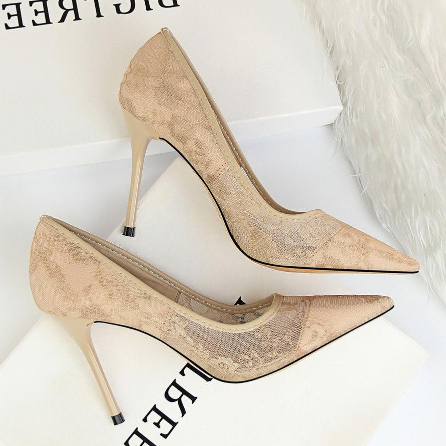 Lace Panel Point Toe Stiletto Heeled Court Pumps Newgew
