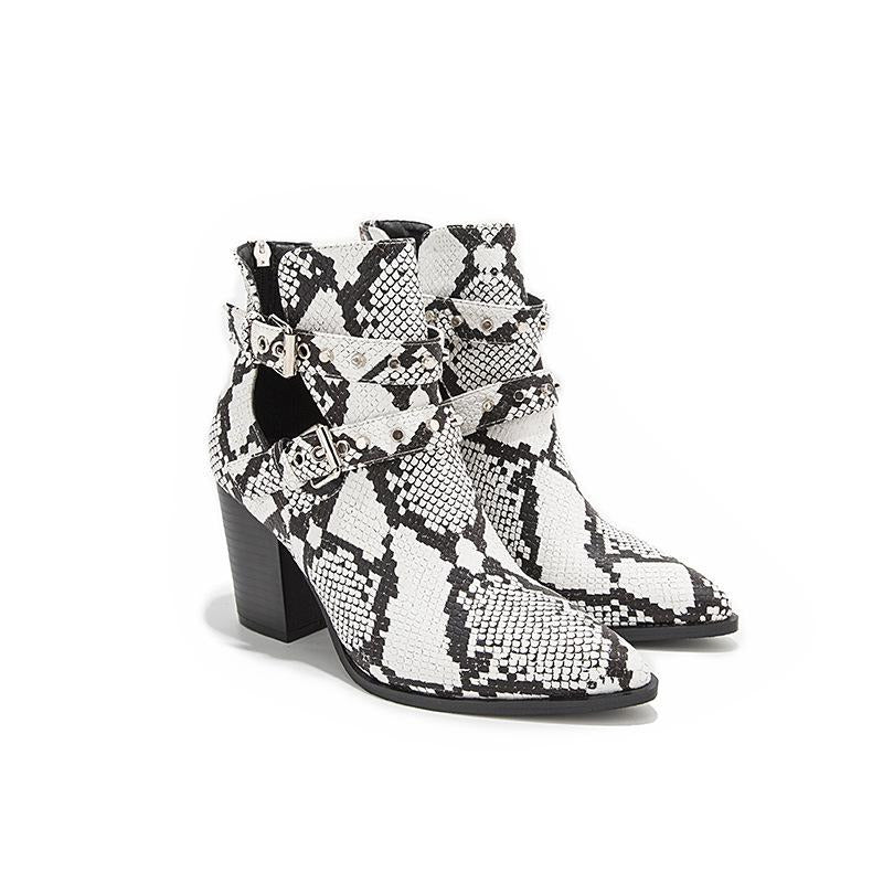 Snake Print Belt Buckle Pointed Toe Short Boots Newgew