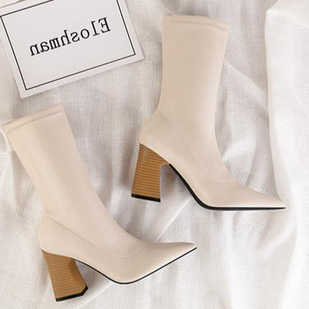 Wood Grain Pointed Toes Thick Heels Ankle Boots Newgew