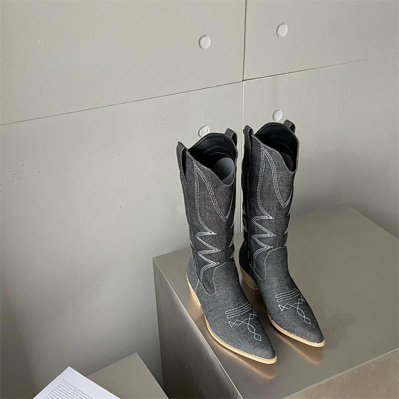 Retro Pointed Toe Chunky Embroidered Western Cowboy Boots Newgew