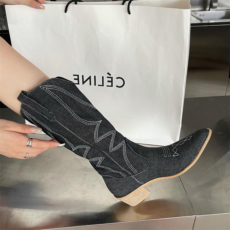 Retro Pointed Toe Chunky Embroidered Western Cowboy Boots Newgew