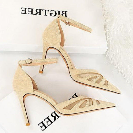 Mesh Panel Point Toe  Heeled Ankle Strap Pumps Newgew