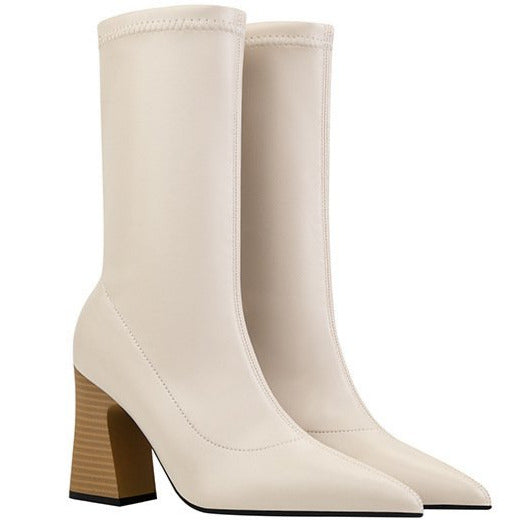 Wood Grain Pointed Toes Thick Heels Ankle Boots Newgew