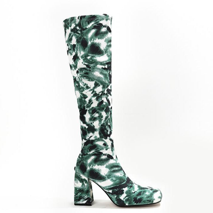 Square Toe Printed Fabric Chunky Heeled  Boots Newgew