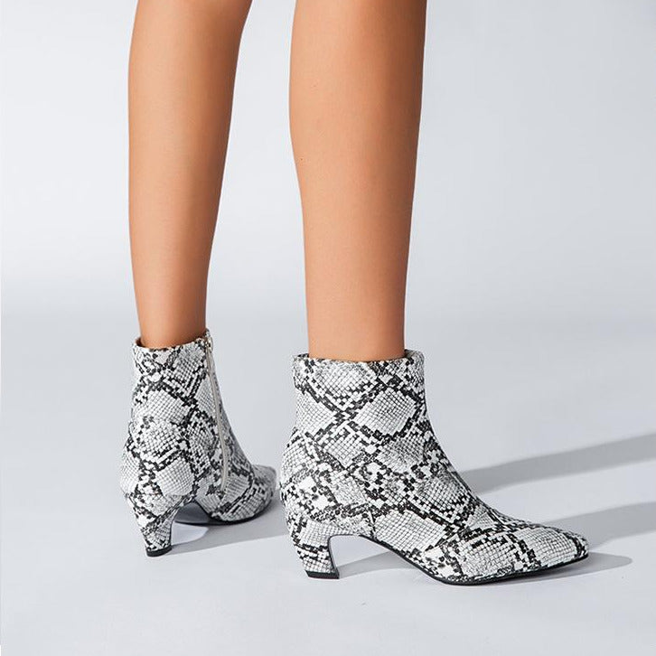 Pointed Toe Chunky Heel Snake Print Low Boots Newgew