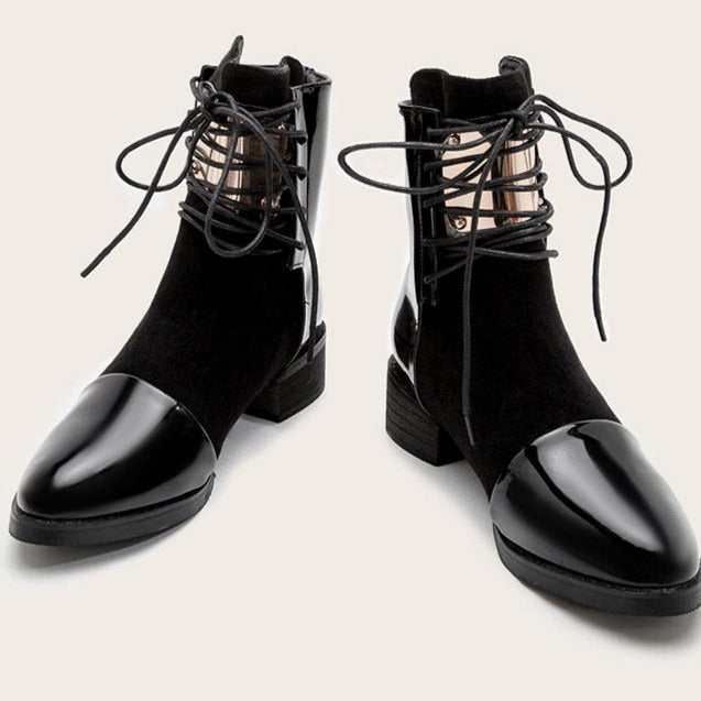 Lace-up Round Toe Low Heeled Back Zipper Boots Newgew