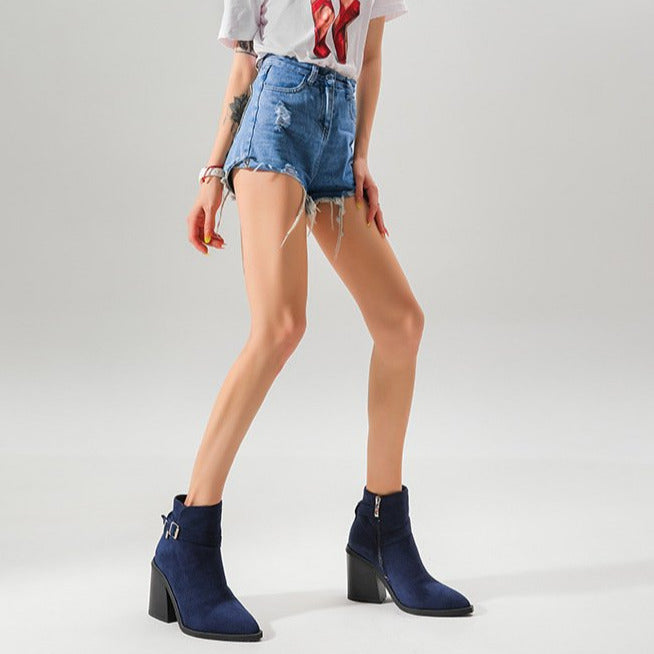 Retro Pointed Toe Pin Buckle Thick Heeled Boots Newgew