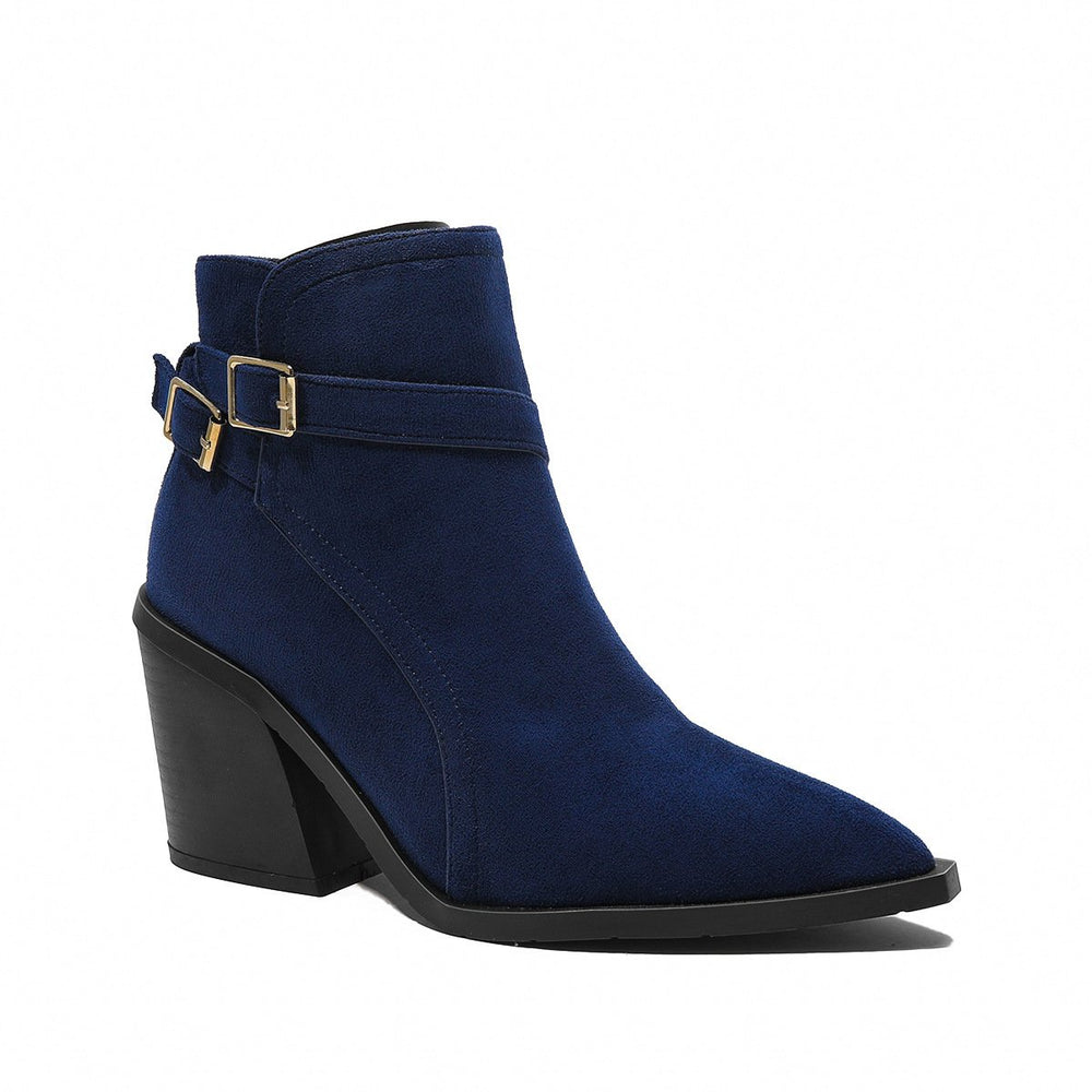 Retro Pointed Toe Pin Buckle Thick Heeled Boots Newgew