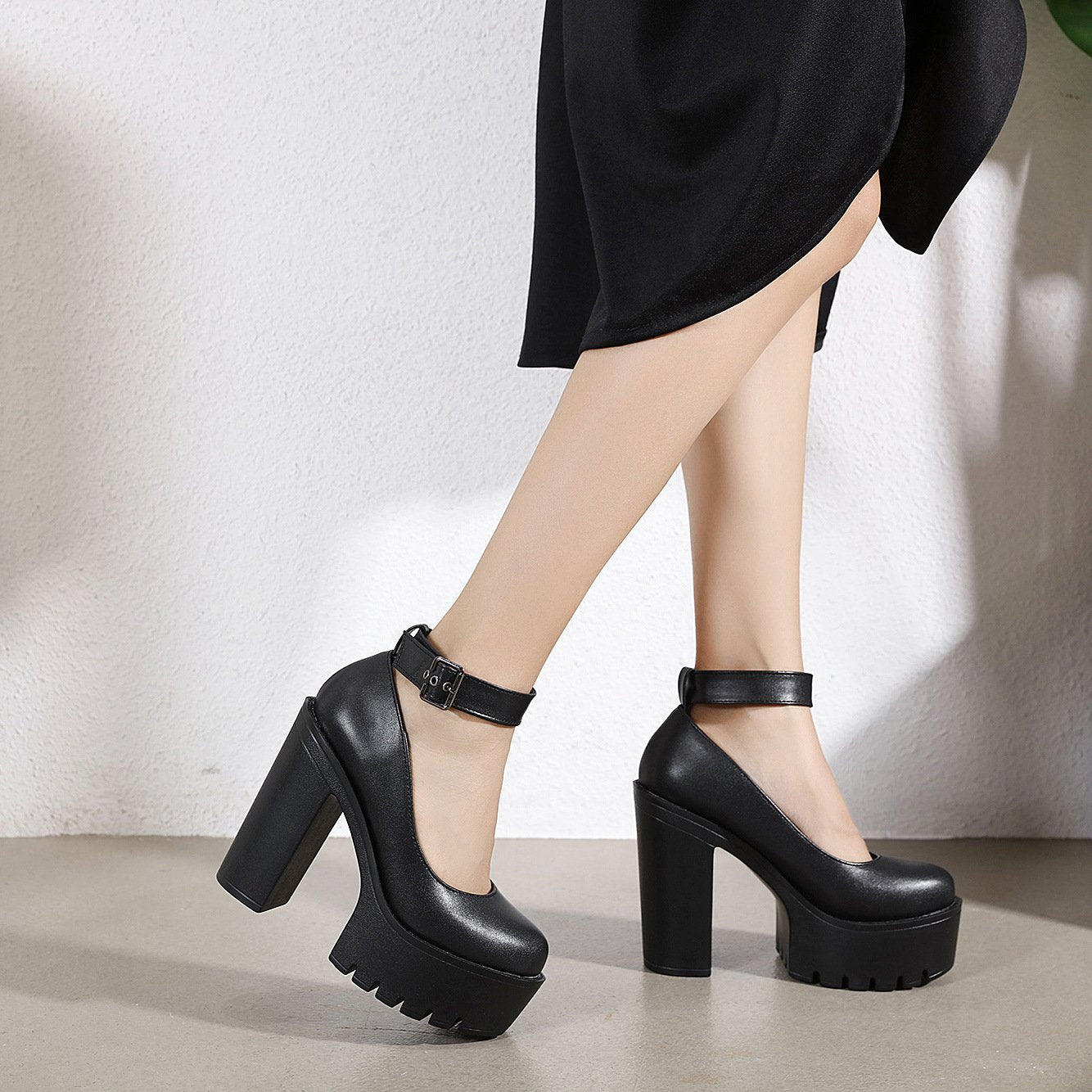 Minimalist Ankle Strap Chunky Pumps Newgew