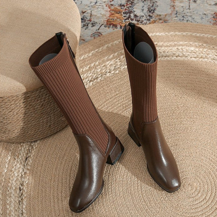 Square Toe chunky heeled long sock boots Newgew