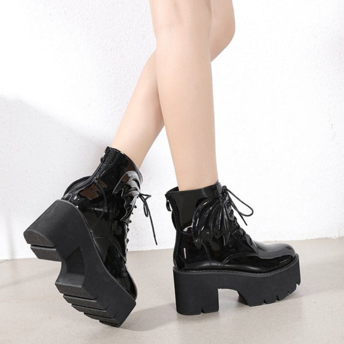 Halloween British Style Thick Heeled Patent Leather Martin Boots Newgew