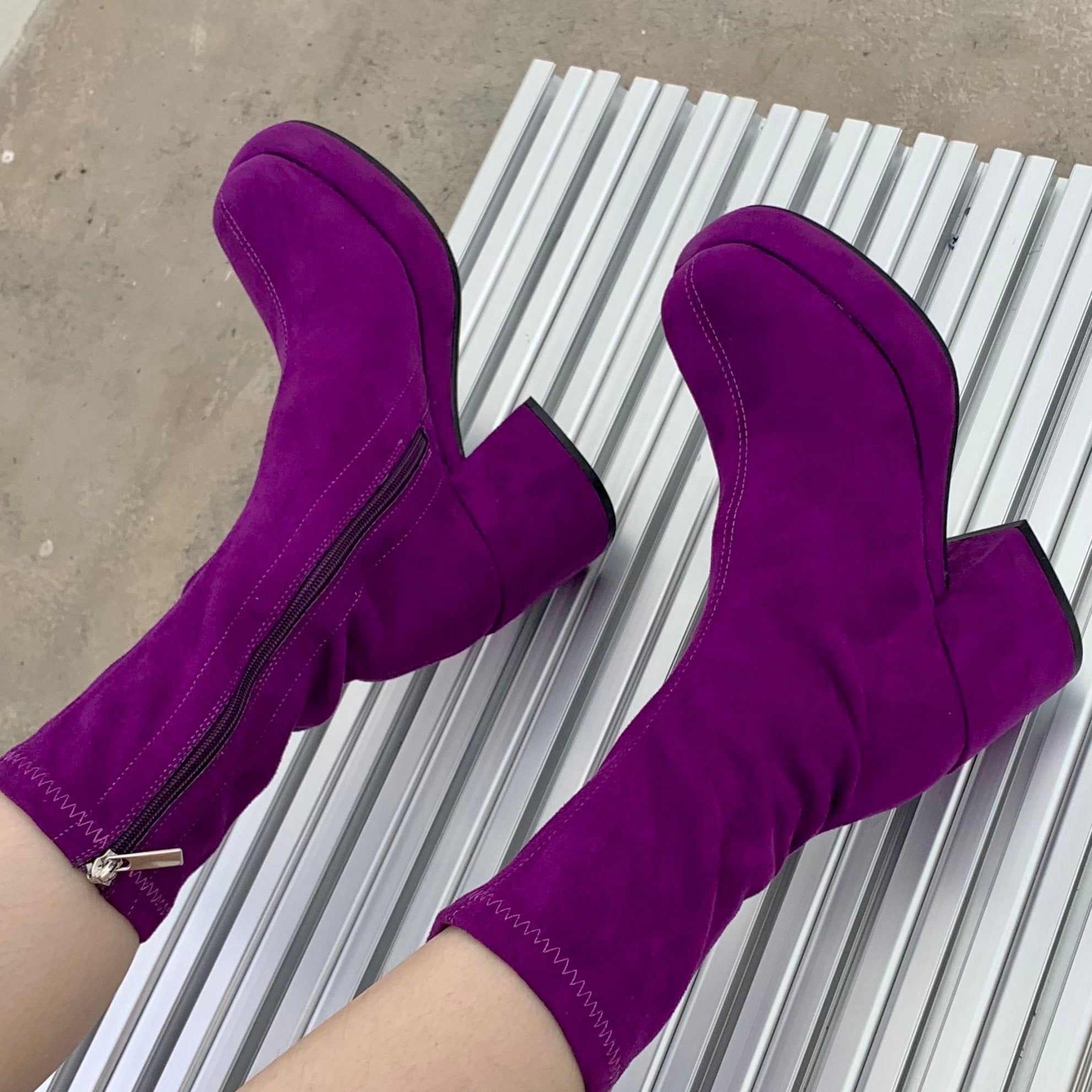 Faux Suede Pointed Toe Mid Calf Chunky Booties Newgew