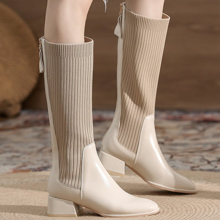 Square Toe chunky heeled long sock boots Newgew
