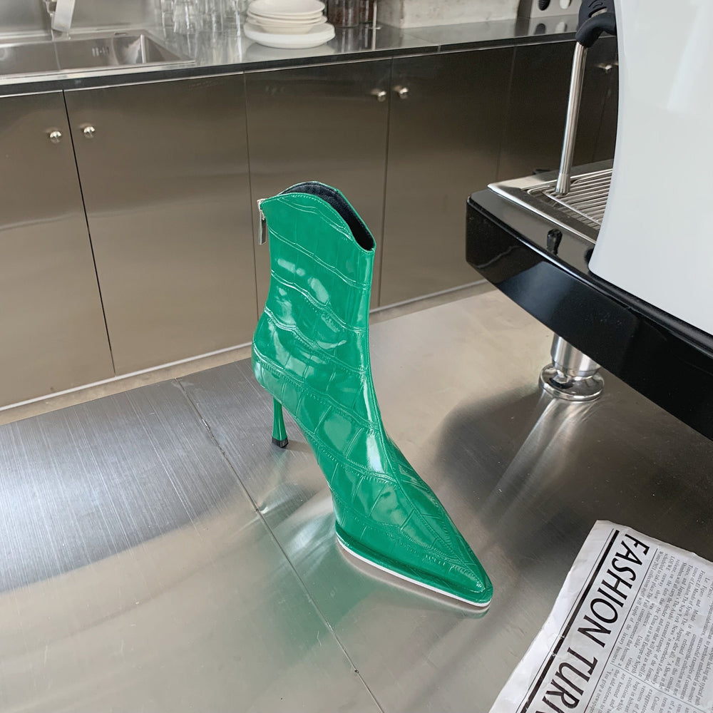 Stone Pattern Pointed Toe Back Zipper Fine High Heeled Boots Newgew