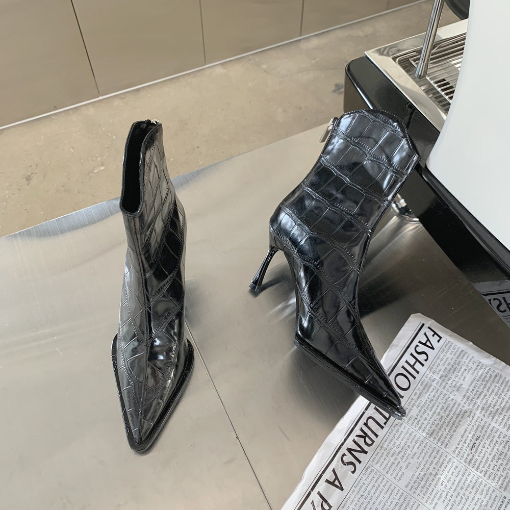 Stone Pattern Pointed Toe Back Zipper Fine High Heeled Boots Newgew