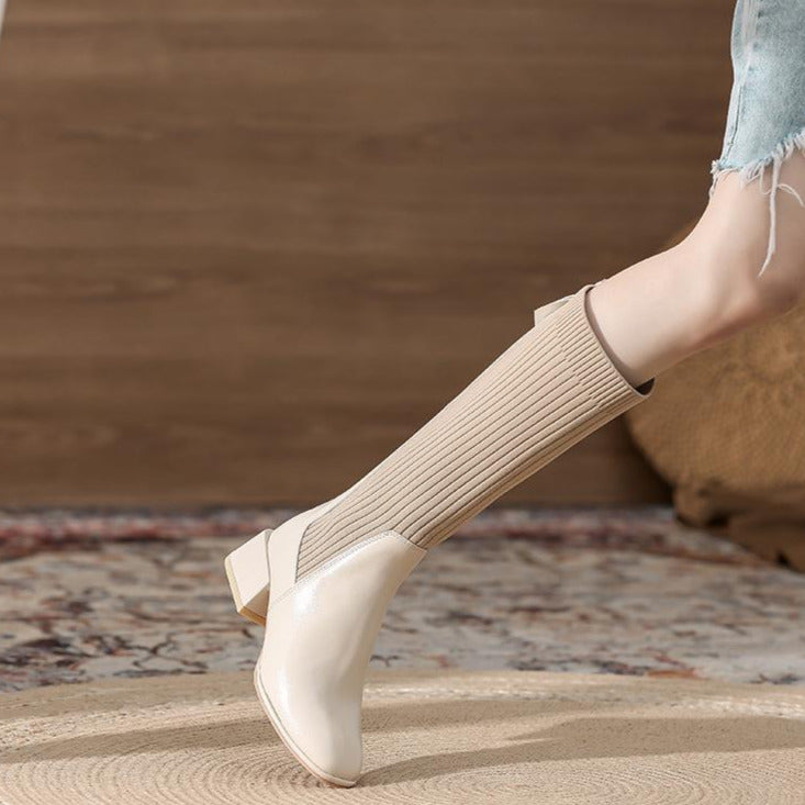 Square Toe chunky heeled long sock boots Newgew