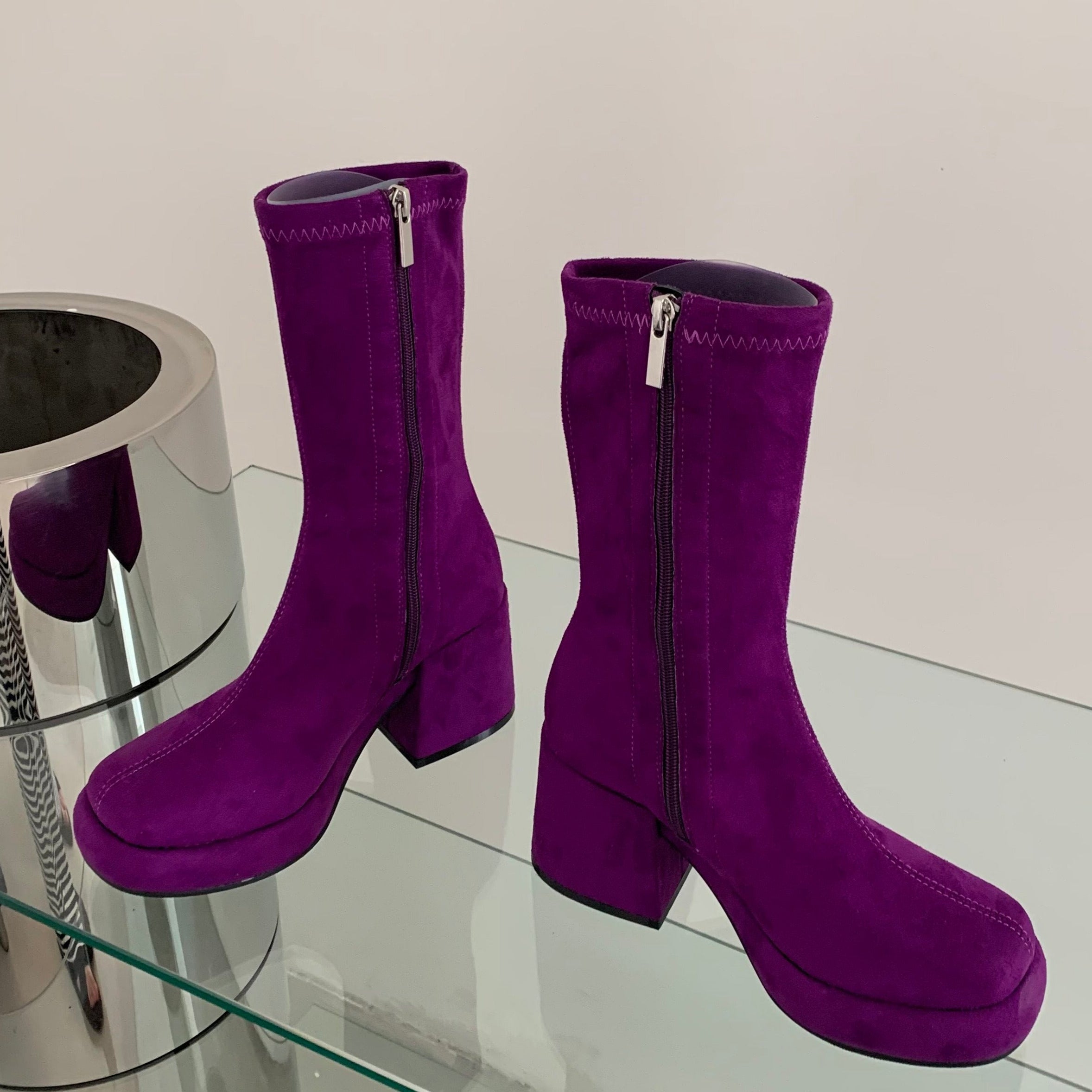 Faux Suede Pointed Toe Mid Calf Chunky Booties Newgew