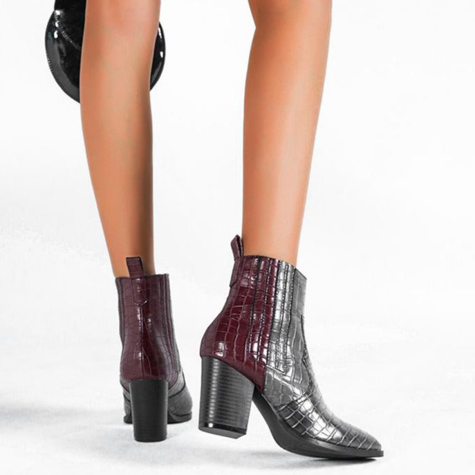 Chunky High Heel Color Blocking Snake Print Boots Newgew