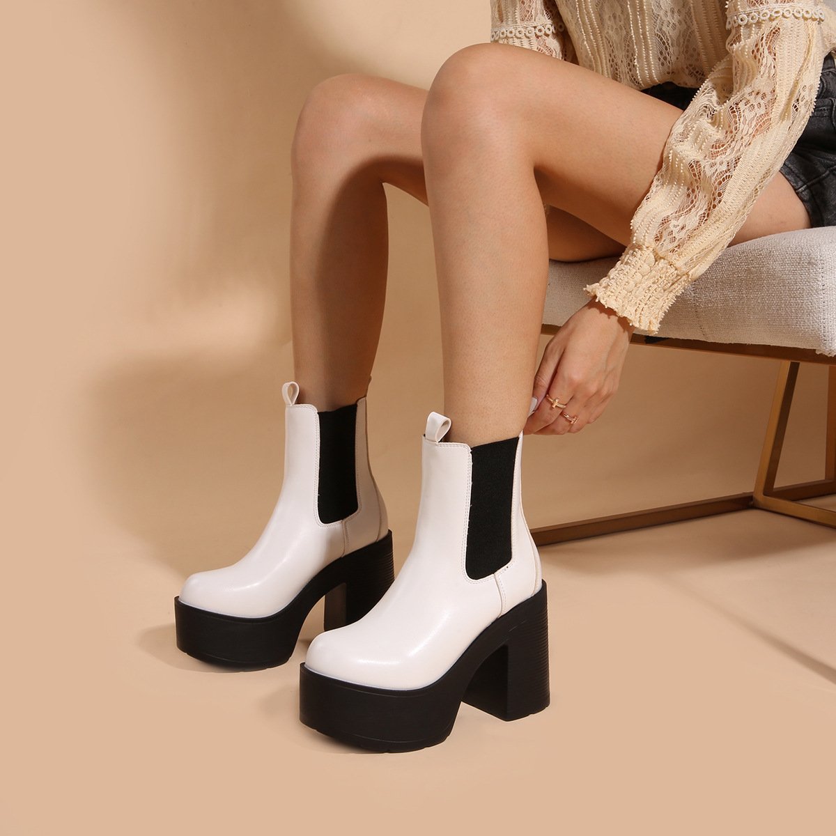 Round Toe Chunky Stacked Chelsea Ankle Boot Round-toe Casual Boots Newgew