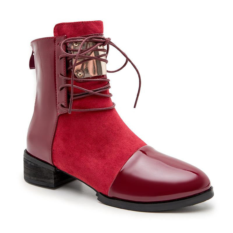 Lace-up Round Toe Low Heeled Back Zipper Boots Newgew