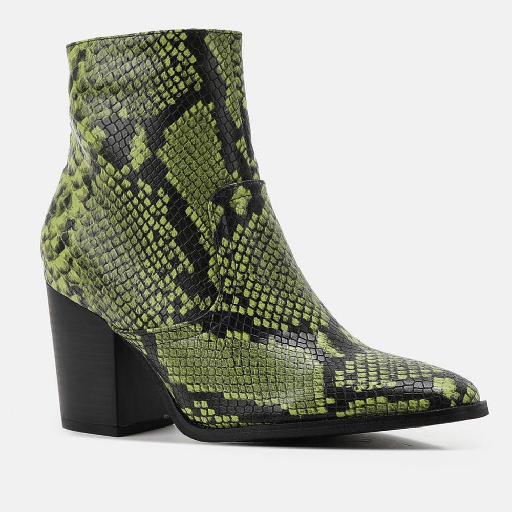 Snake Print Pattern Side Zipper Thick Heeled Boots Newgew