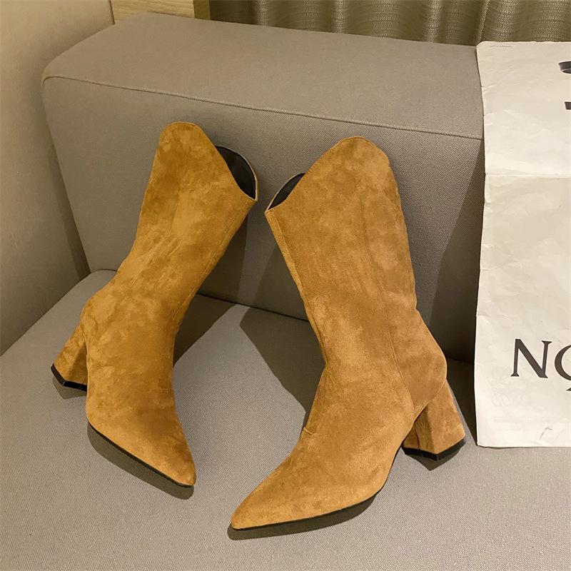 Chunky Heeled Pointed Toe Mid-calf Boots Newgew