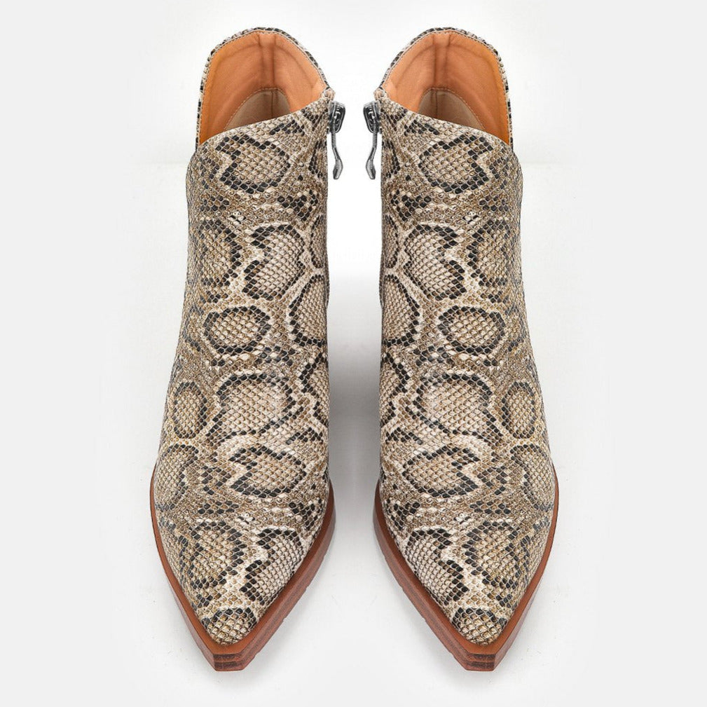 Thick Heeled Pointed Toe Snake Print Leather Boots Newgew