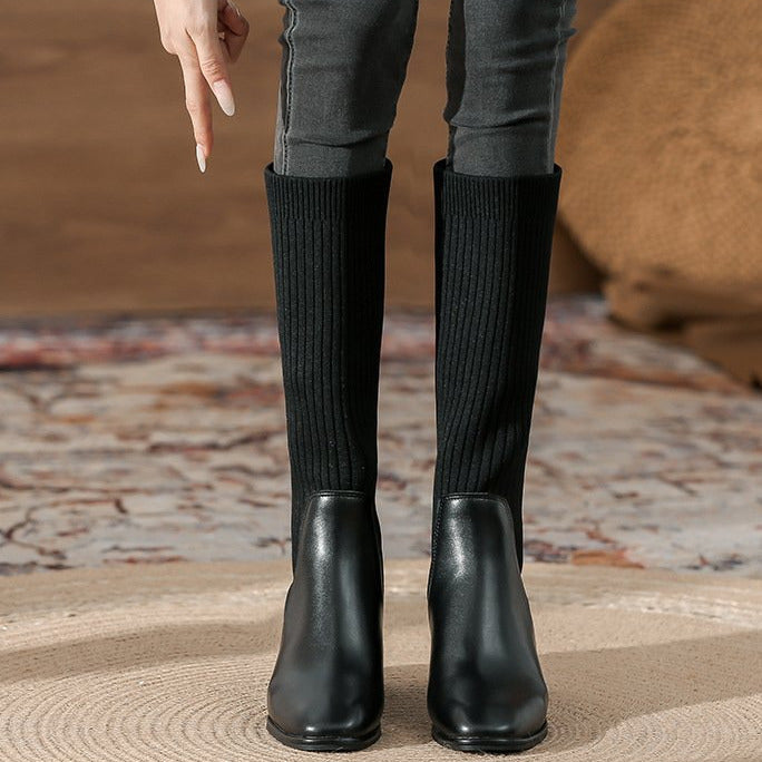 Square Toe chunky heeled long sock boots Newgew