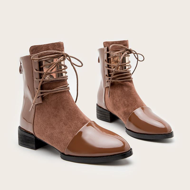 Lace-up Round Toe Low Heeled Back Zipper Boots Newgew