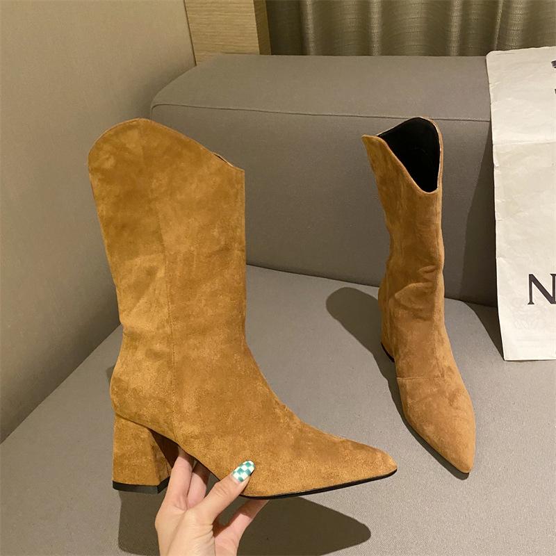 Chunky Heeled Pointed Toe Mid-calf Boots Newgew