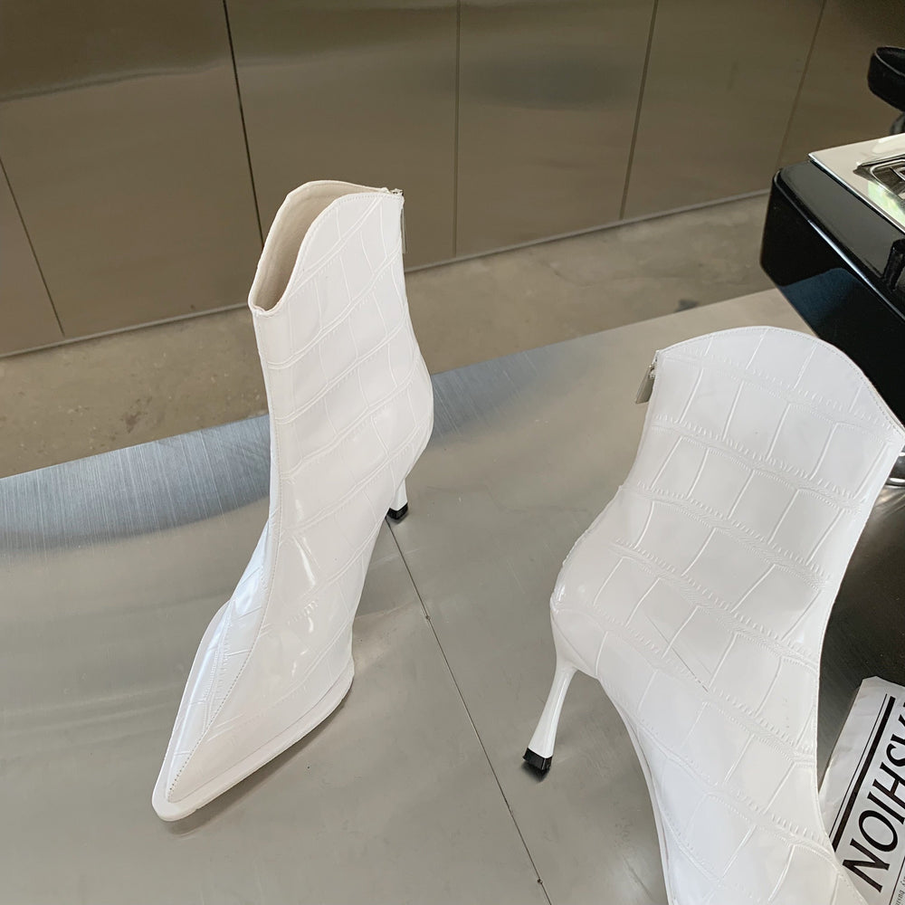 Stone Pattern Pointed Toe Back Zipper Fine High Heeled Boots Newgew